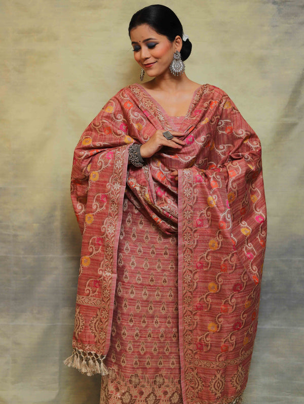 Banarasee Salwar Kameez Cotton Silk Fabric With Multicolor Resham & Ghichha Work-Rust