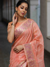 Banarasee Handloom Linen Tissue Meena & Zari Border Saree-Peach