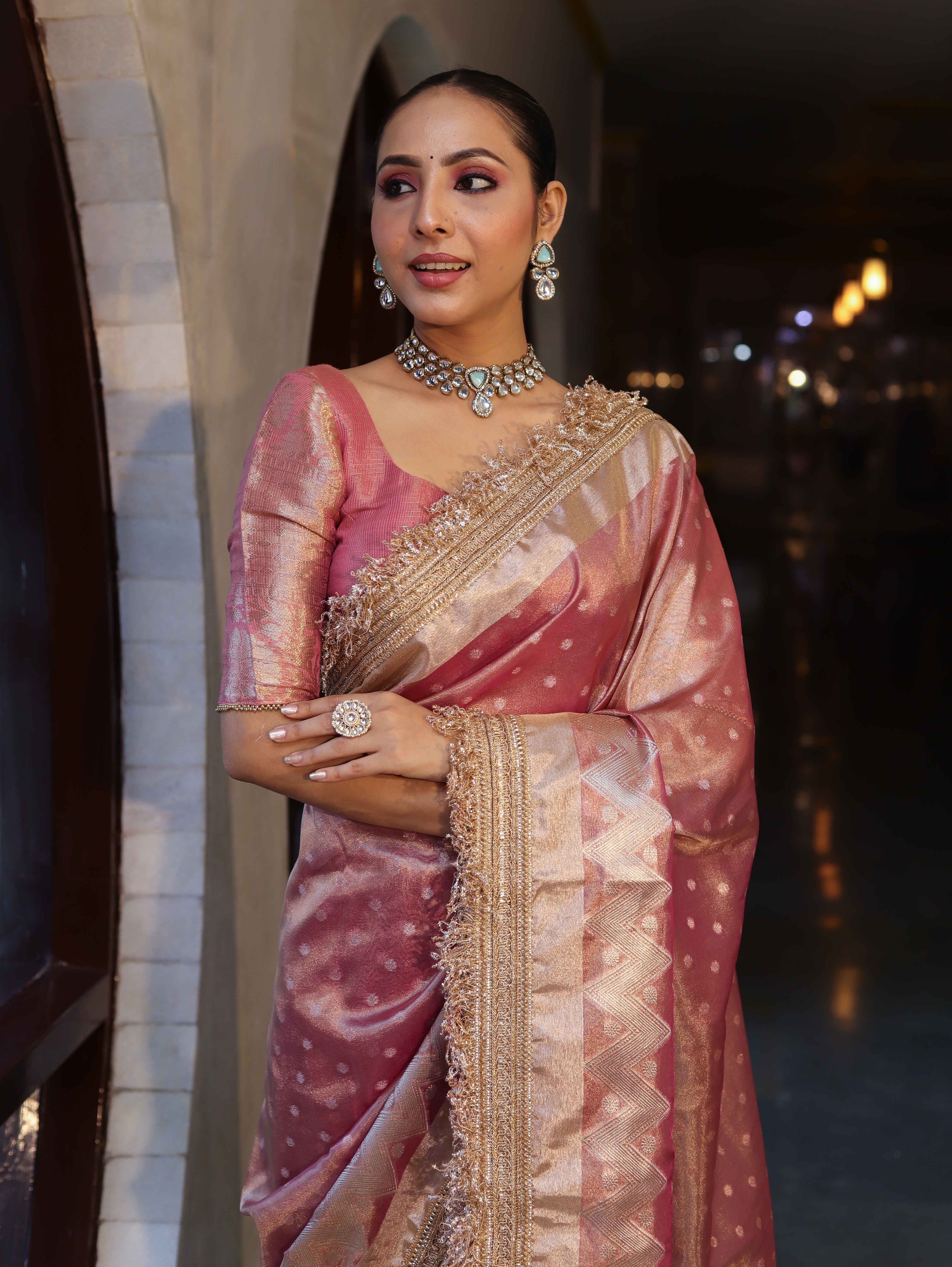 Banarasee Handwoven Tissue Saree With Zari Buti Design & Lace-Onion Pink