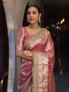 Banarasee Handwoven Tissue Saree With Zari Buti Design & Lace-Onion Pink