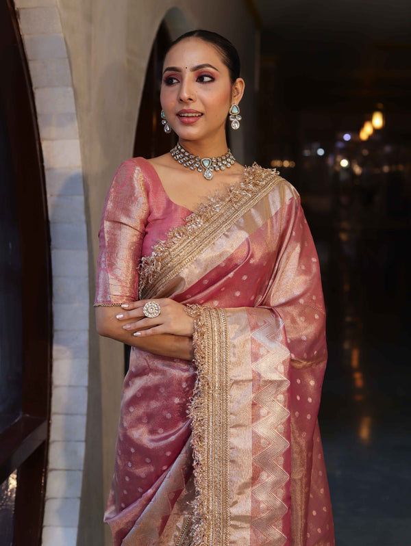 Banarasee Handwoven Tissue Saree With Zari Buti Design & Lace-Onion Pink