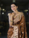 Banarasee Handloom Tissue Saree With Buta Design Zari Border & Lace-Brown