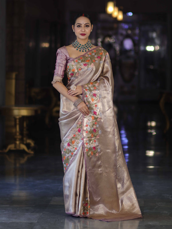 Banarasee Handwoven Tissue Saree With Thread Embroidered Border-Purple