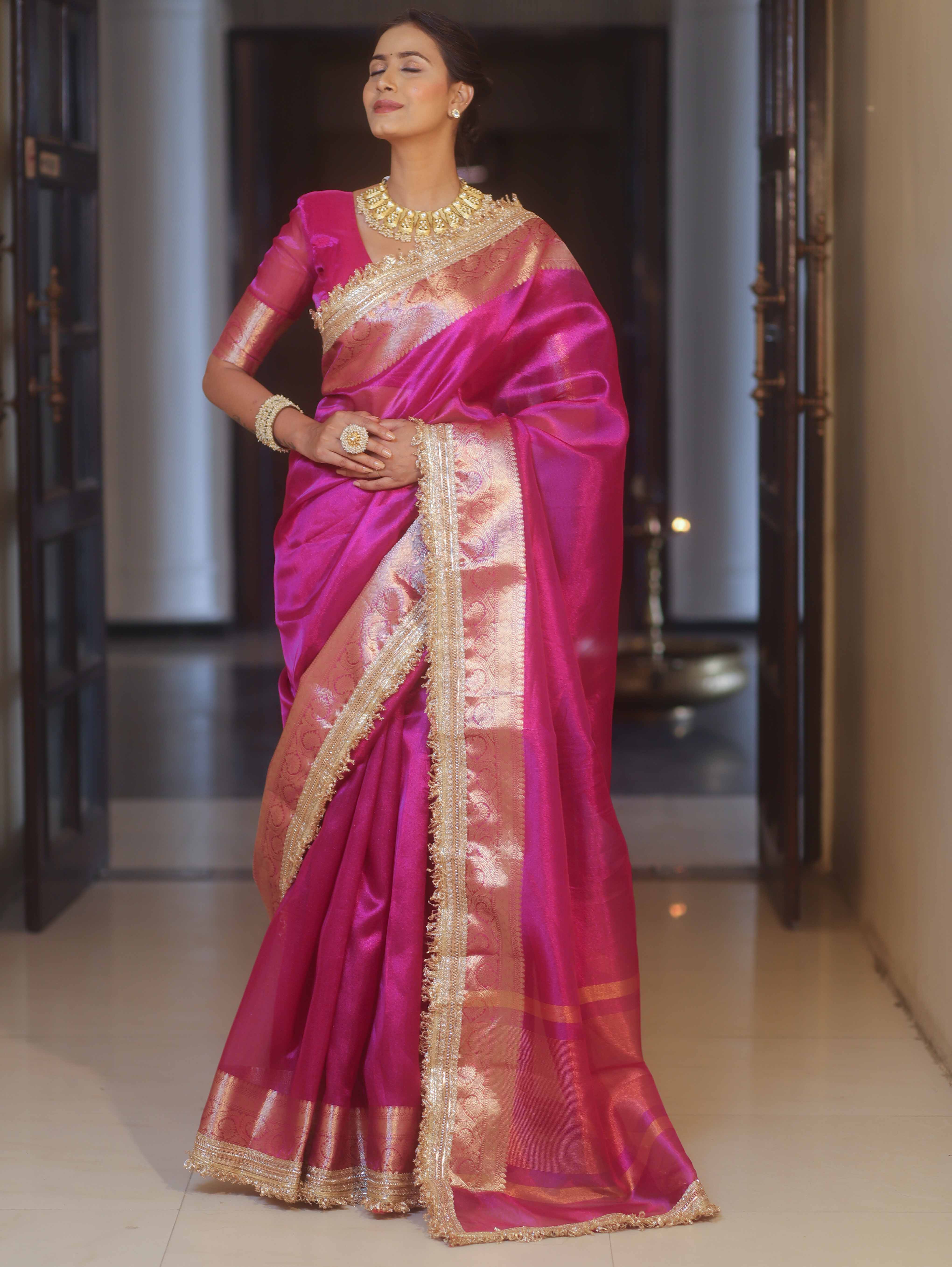 Banarasee Handwoven Plain Tissue Saree With Zari Border & Lace-Pink