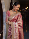 Banarasee Handwoven Tissue Saree With Zari Buti Design & Lace-Onion Pink