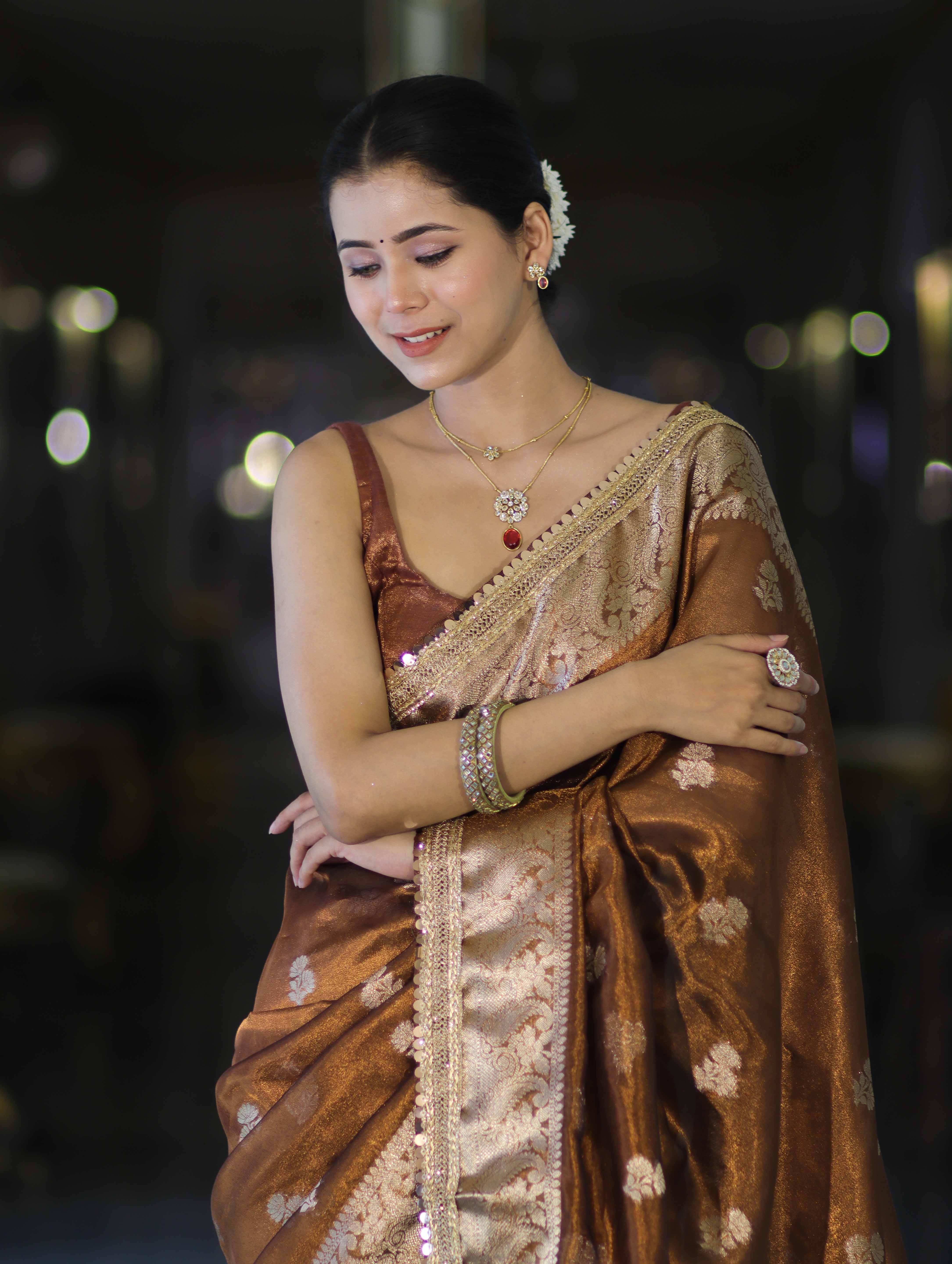 Banarasee Handloom Tissue Saree With Buta Design Zari Border & Lace-Brown