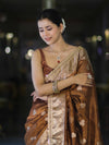 Banarasee Handloom Tissue Saree With Buta Design Zari Border & Lace-Brown