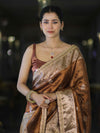 Banarasee Handloom Tissue Saree With Buta Design Zari Border & Lace-Brown