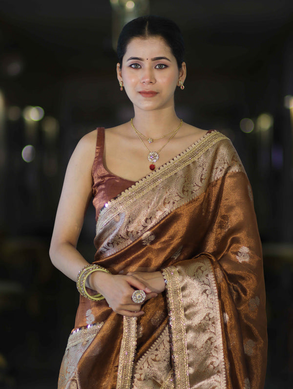 Banarasee Handloom Tissue Saree With Buta Design Zari Border & Lace-Brown