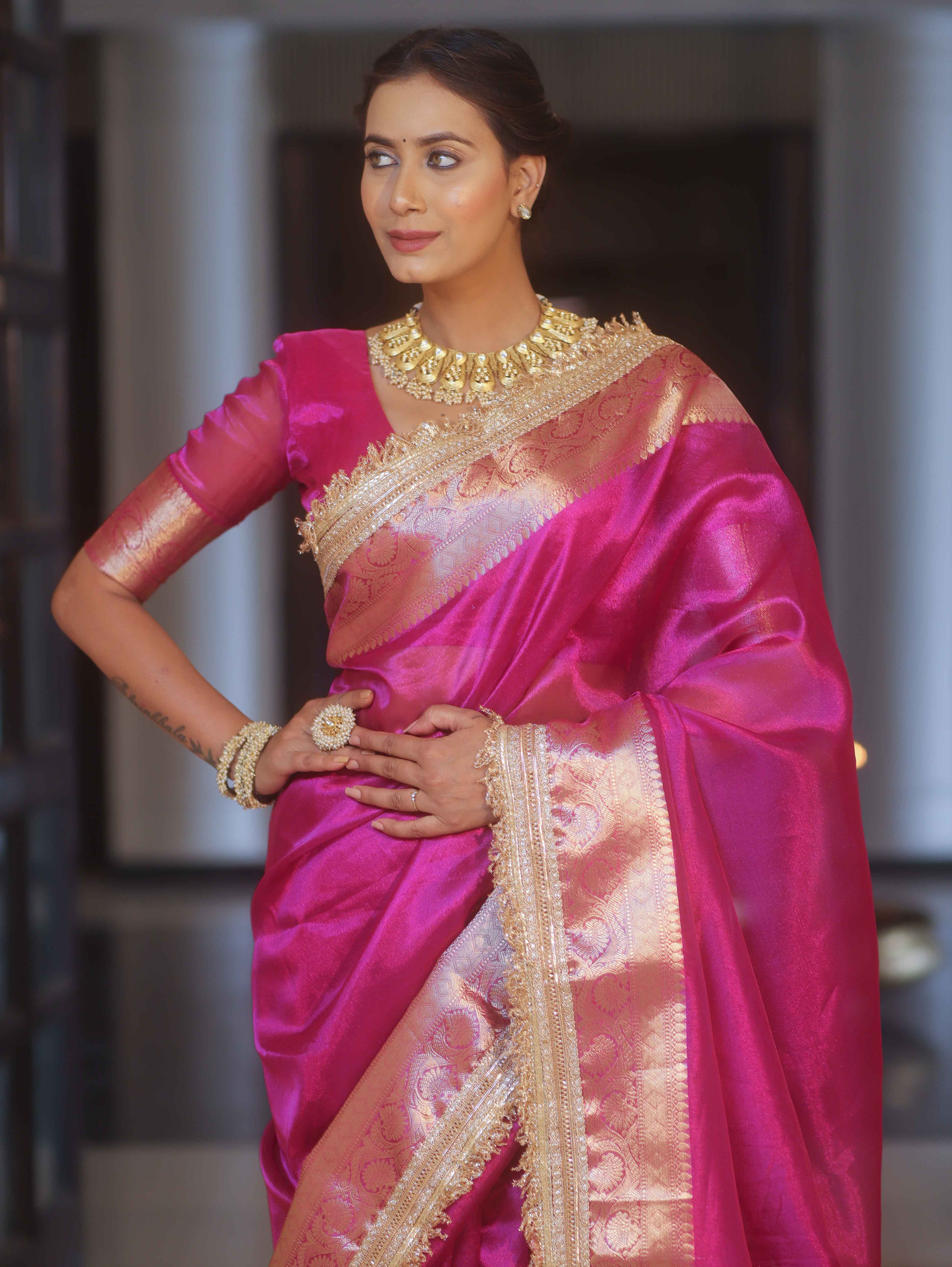 Banarasee Handwoven Plain Tissue Saree With Zari Border & Lace-Pink
