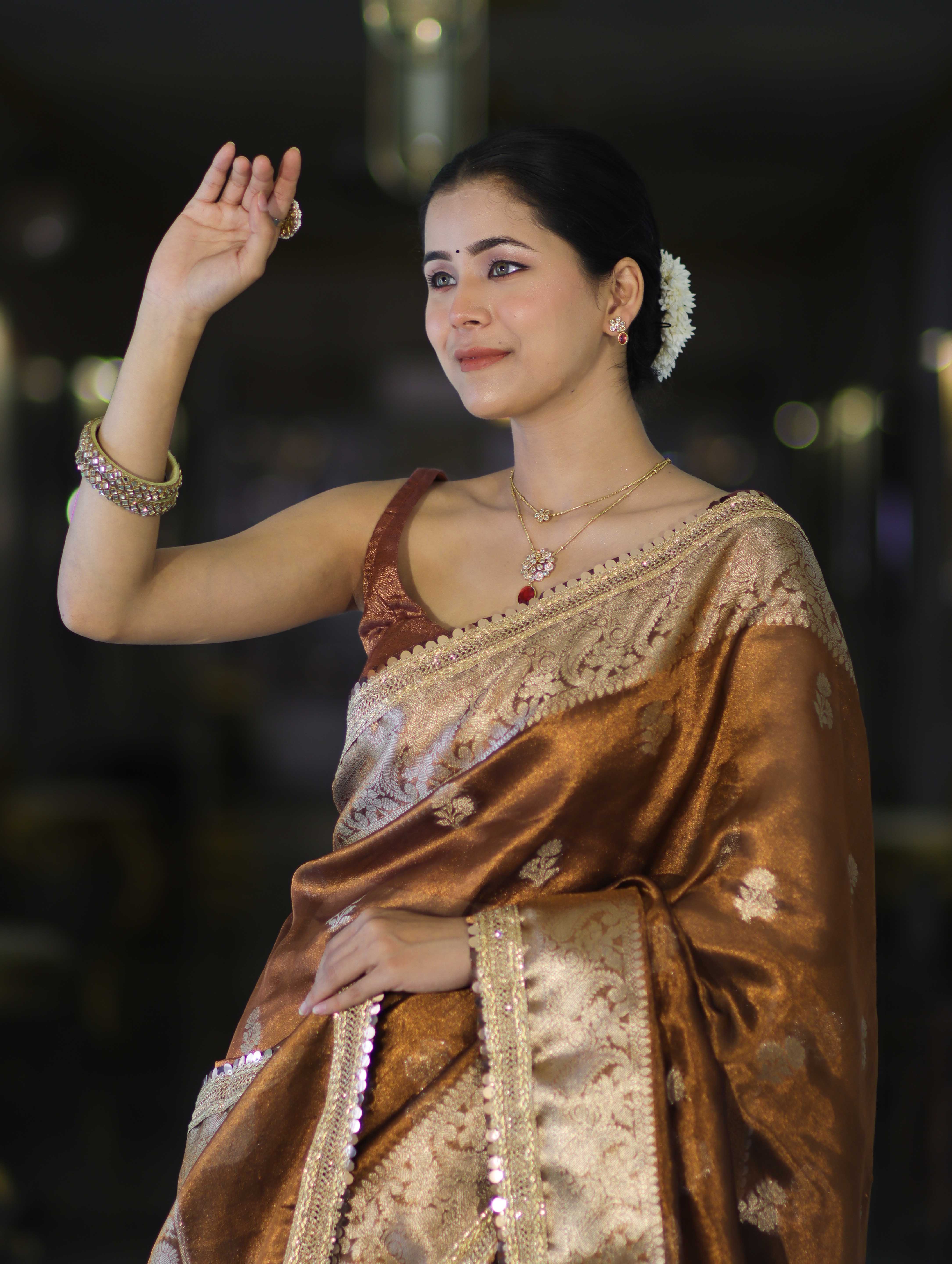 Banarasee Handloom Tissue Saree With Buta Design Zari Border & Lace-Brown