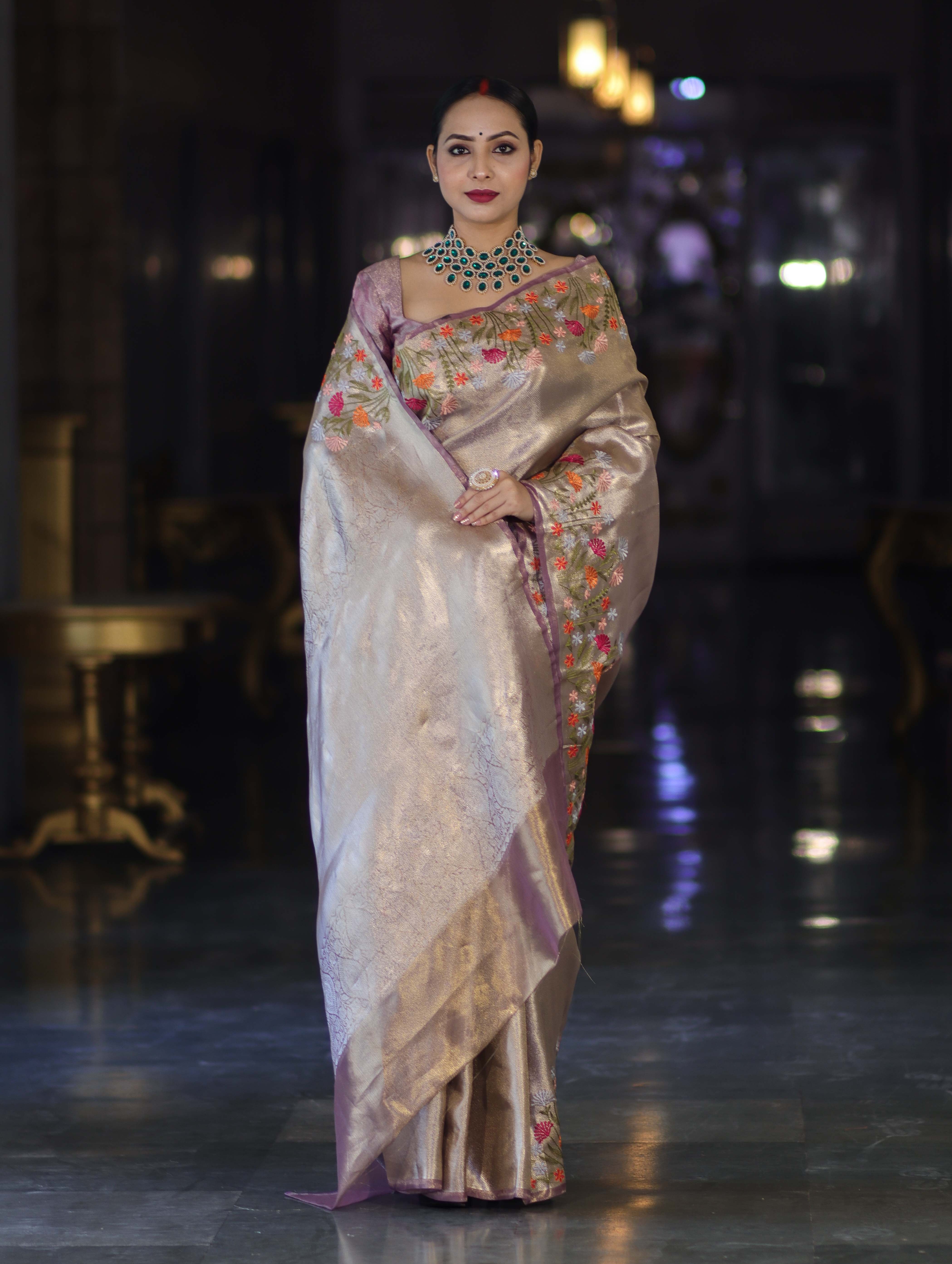 Banarasee Handwoven Tissue Saree With Thread Embroidered Border-Purple