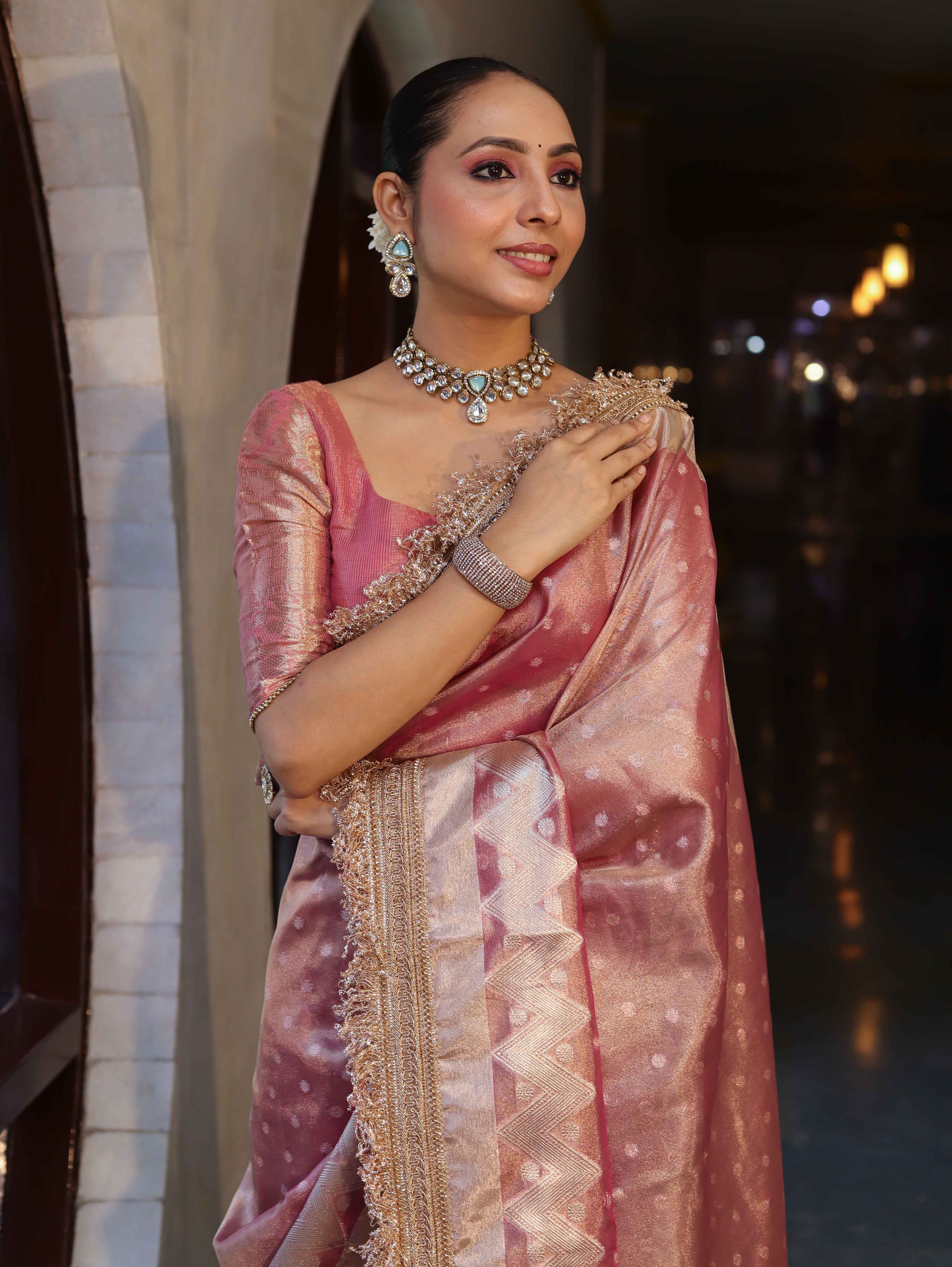 Banarasee Handwoven Tissue Saree With Zari Buti Design & Lace-Onion Pink