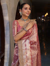 Banarasee Handwoven Tissue Saree With Zari Buti Design & Lace-Onion Pink