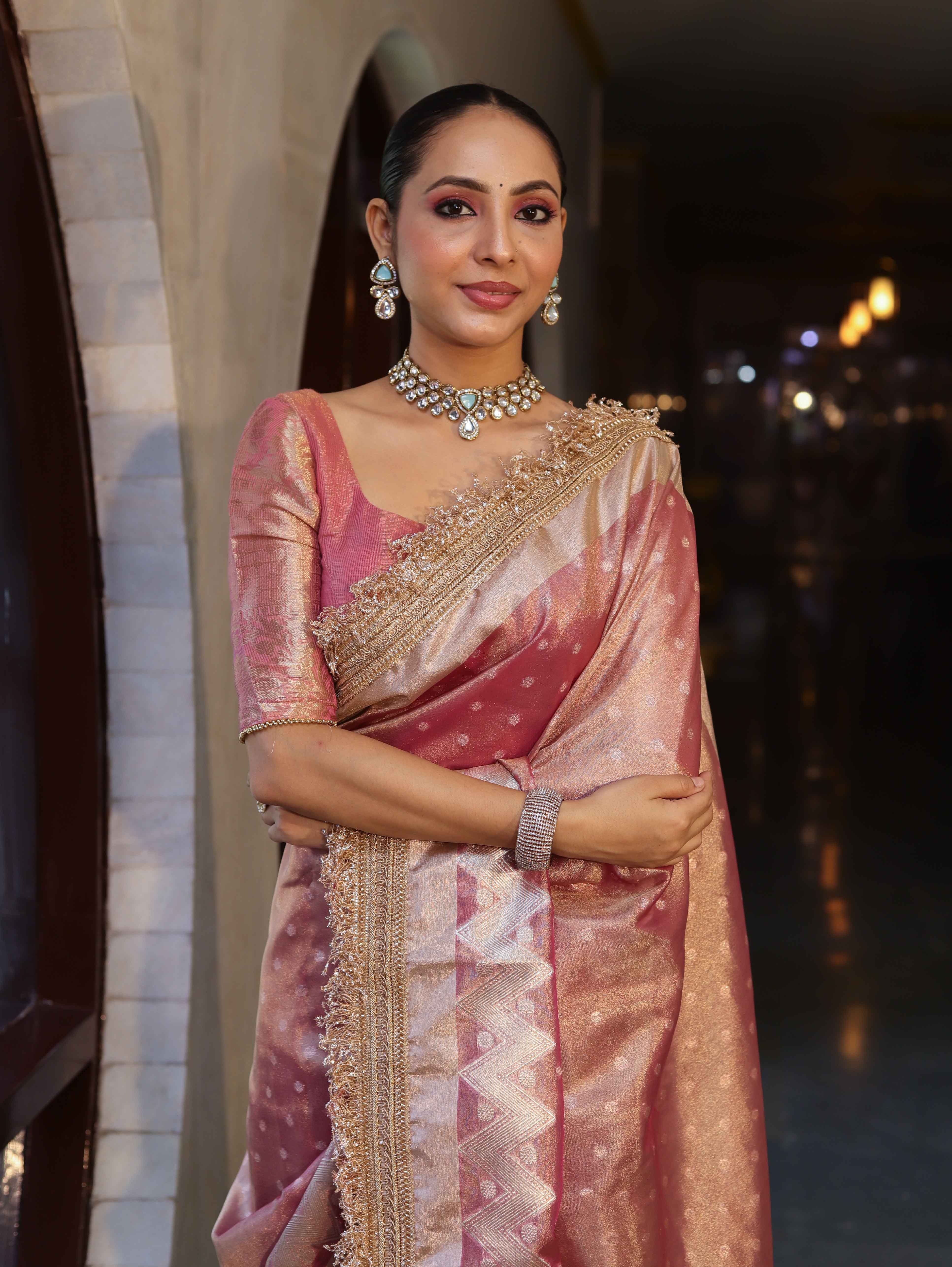 Banarasee Handwoven Tissue Saree With Zari Buti Design & Lace-Onion Pink