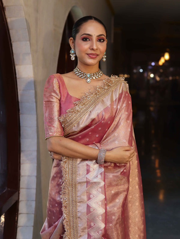 Banarasee Handwoven Tissue Saree With Zari Buti Design & Lace-Onion Pink
