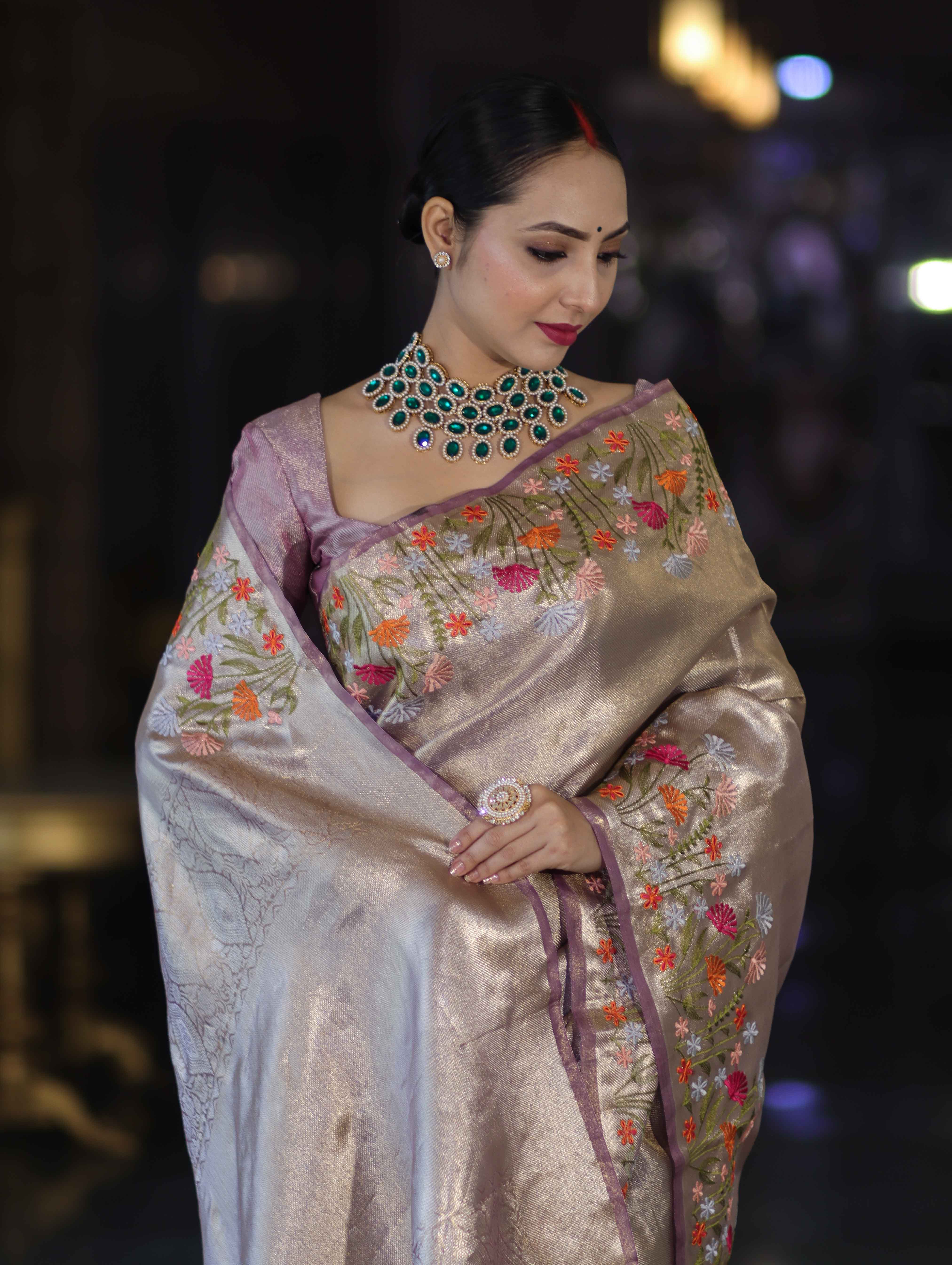 Banarasee Handwoven Tissue Saree With Thread Embroidered Border-Purple