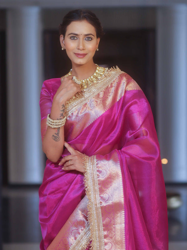 Banarasee Handwoven Plain Tissue Saree With Zari Border & Lace-Pink