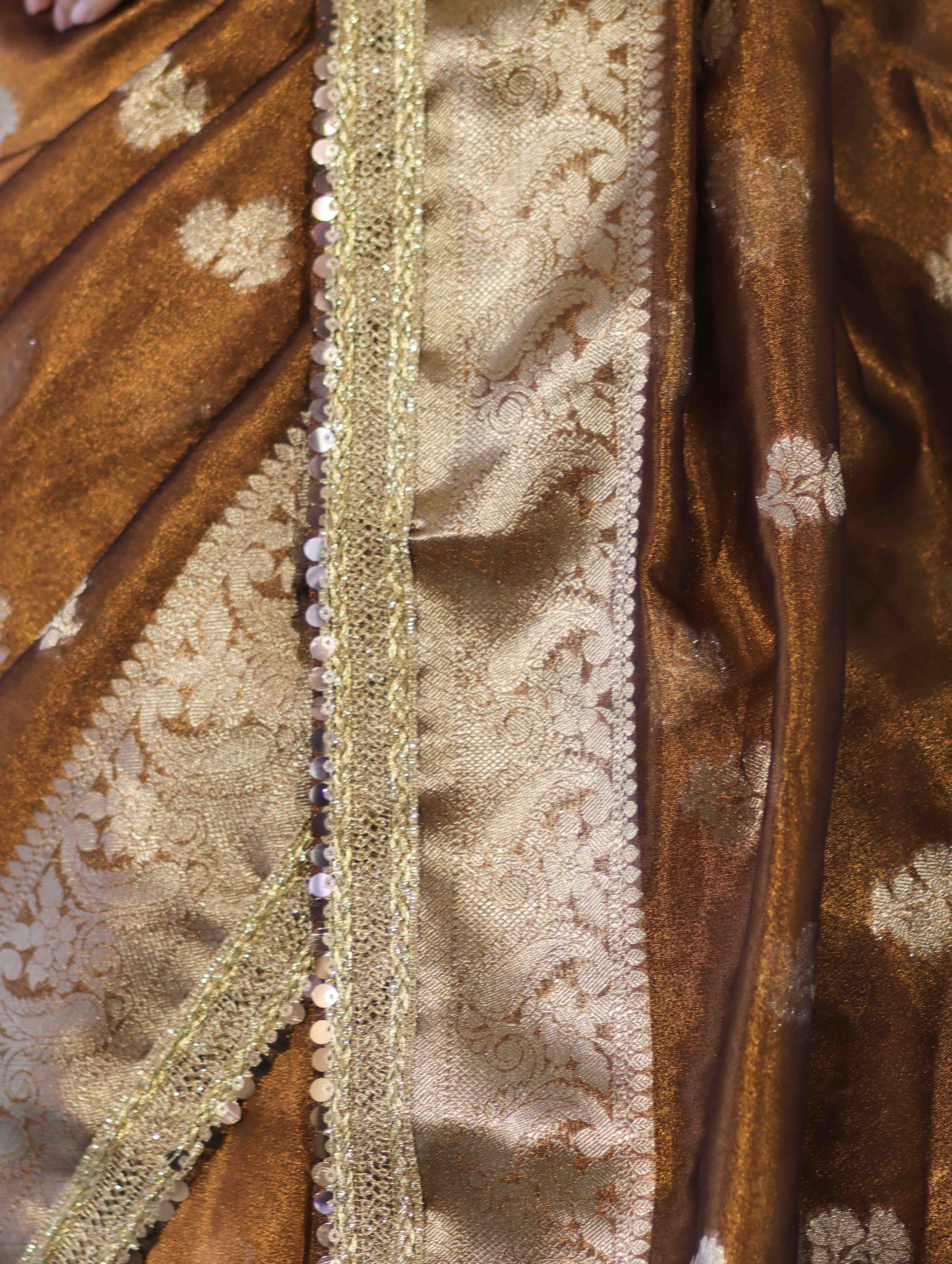 Banarasee Handloom Tissue Saree With Buta Design Zari Border & Lace-Brown