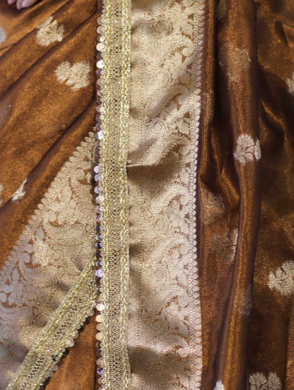 Banarasee Handloom Tissue Saree With Buta Design Zari Border & Lace-Brown