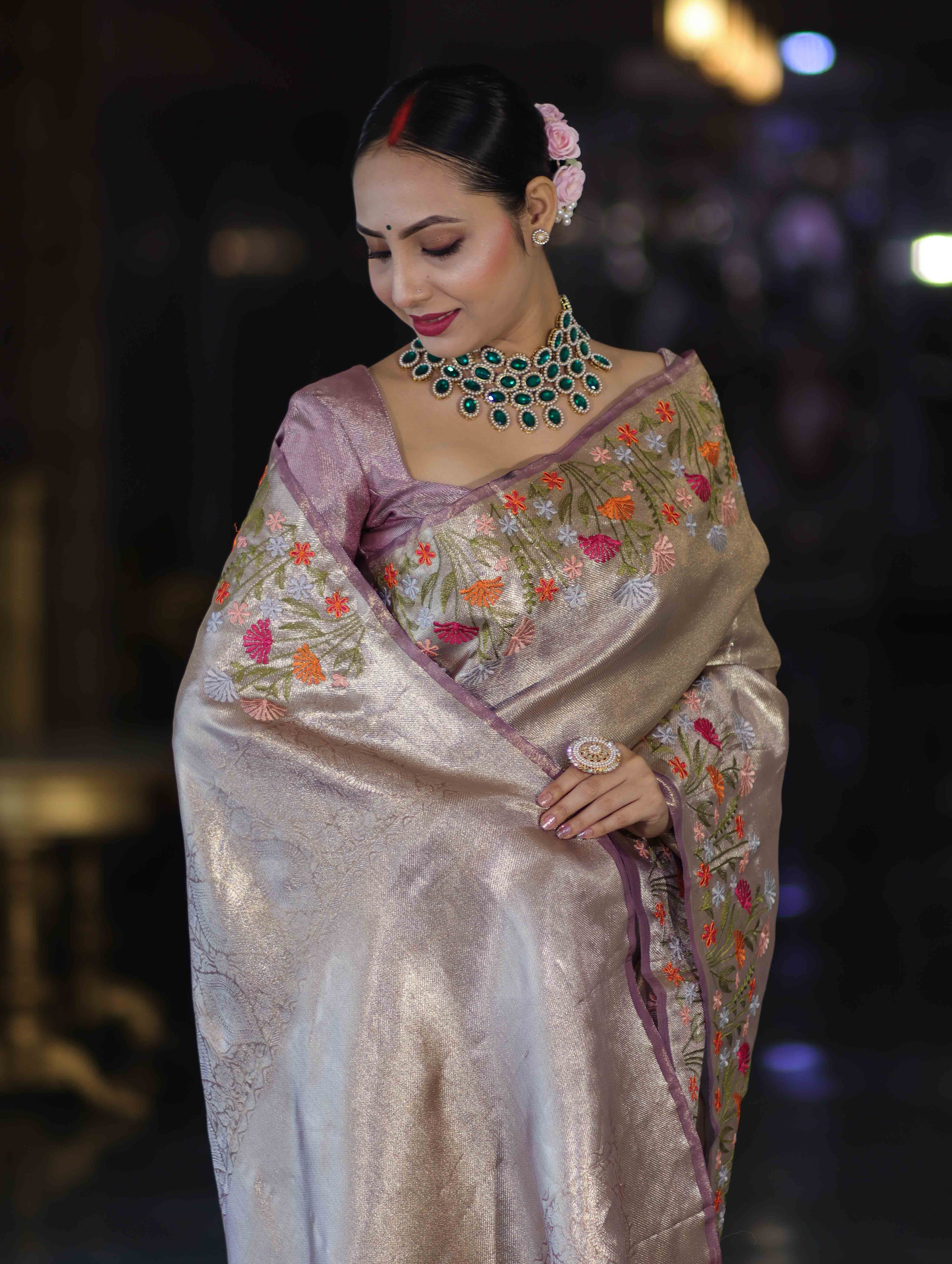 Banarasee Handwoven Tissue Saree With Thread Embroidered Border-Purple