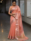 Banarasee Handloom Linen Tissue Meena & Zari Border Saree-Peach
