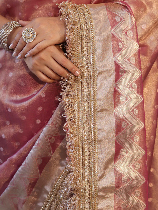 Banarasee Handwoven Tissue Saree With Zari Buti Design & Lace-Onion Pink