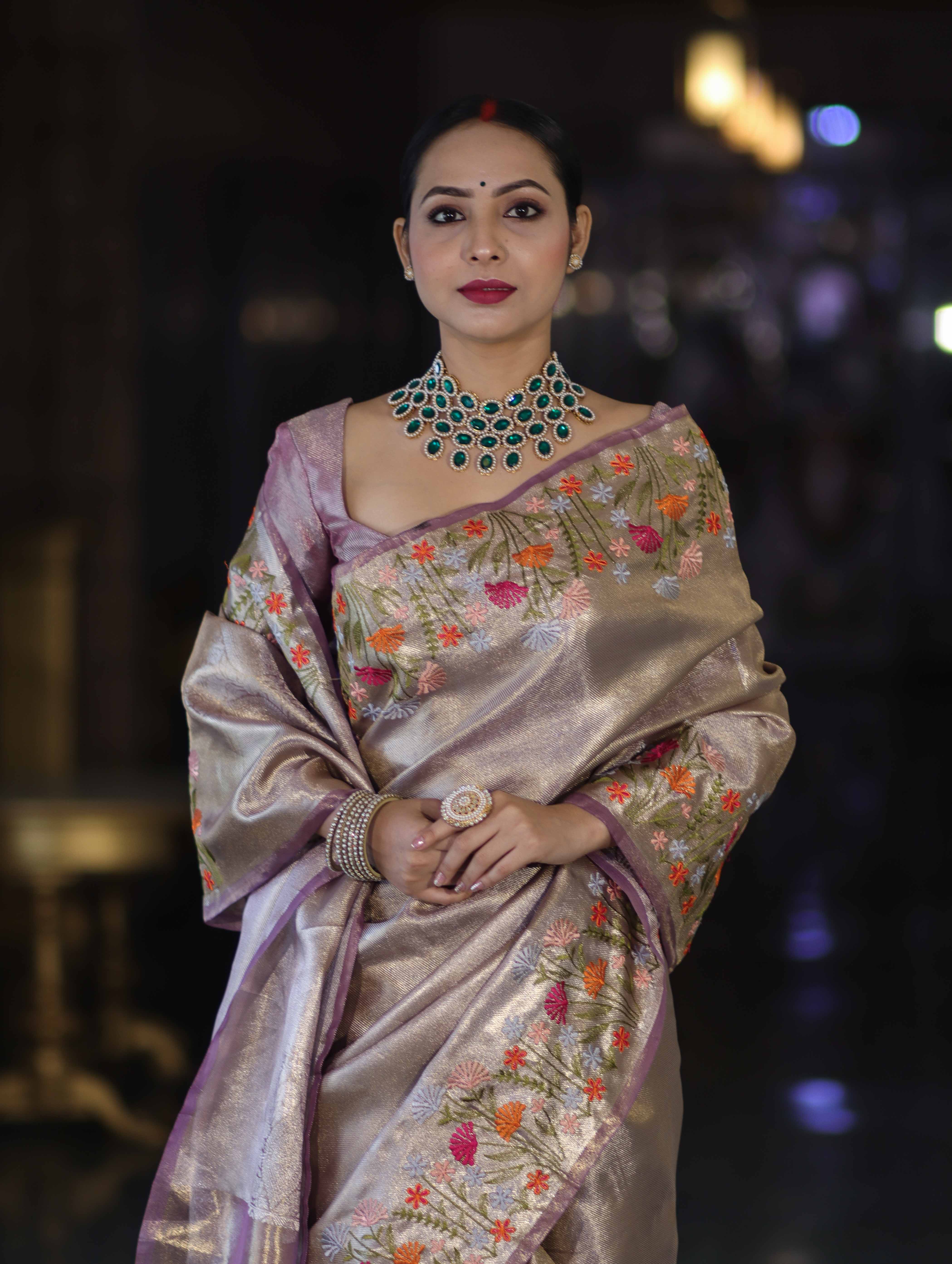 Banarasee Handwoven Tissue Saree With Thread Embroidered Border-Purple