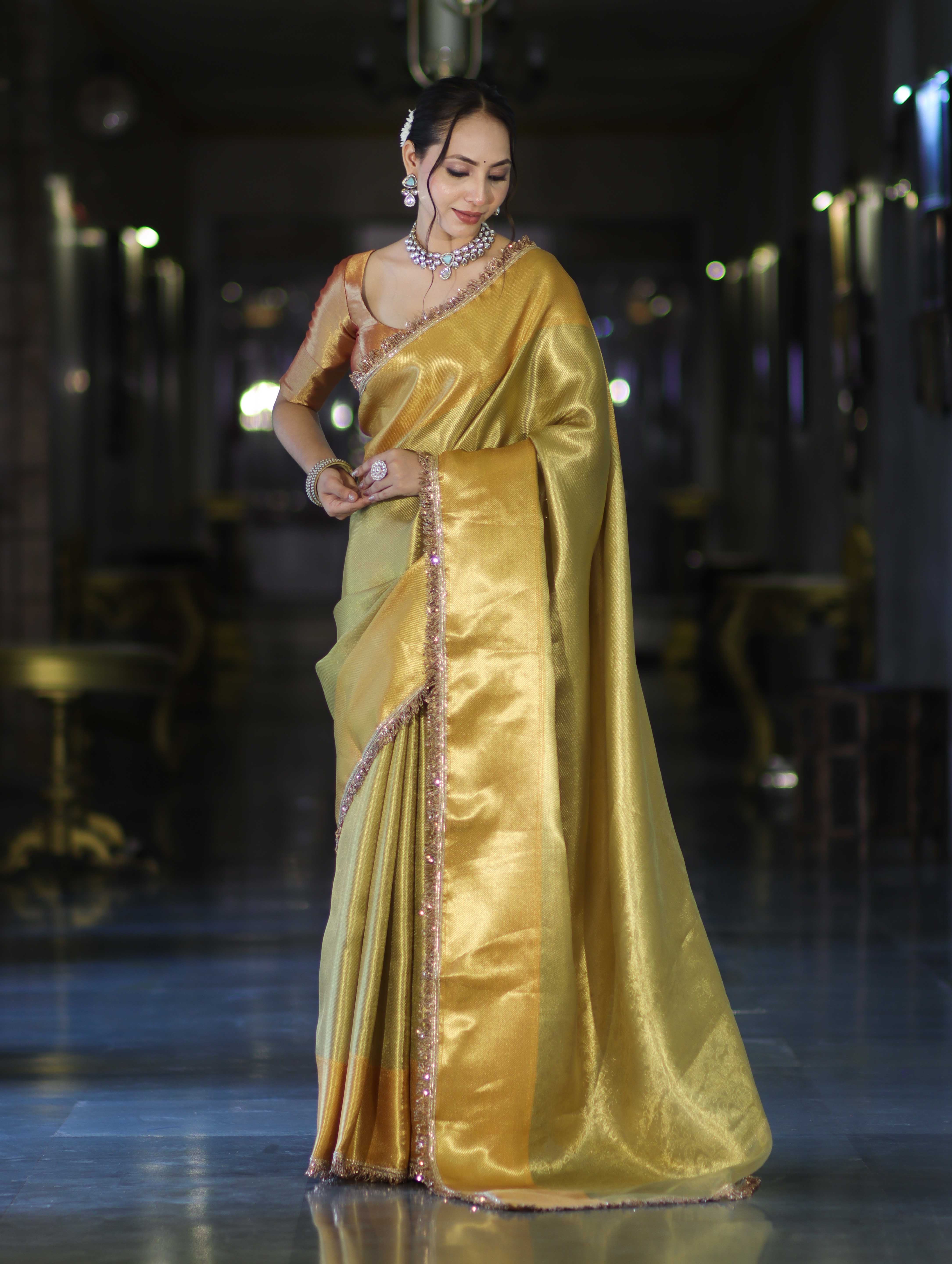 Banarasee Handloom Tissue Saree With Zari Woven Design & Lace-Gold