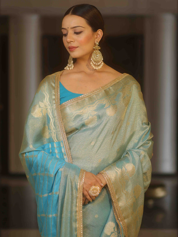 Banarasee Handwoven Soft Tissue Saree With Zari Border & Lace-Light Blue