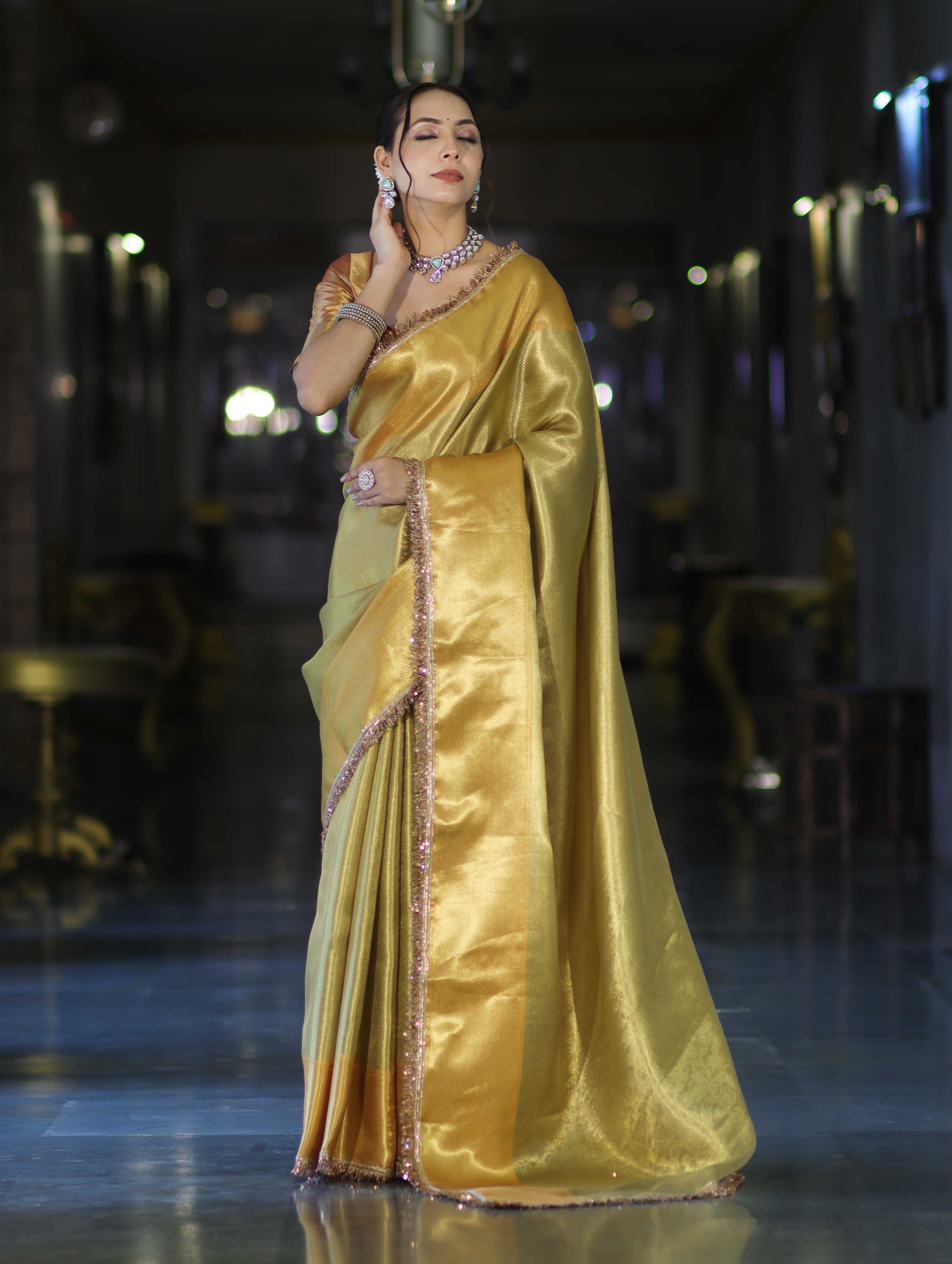 Banarasee Handloom Tissue Saree With Zari Woven Design & Lace-Gold