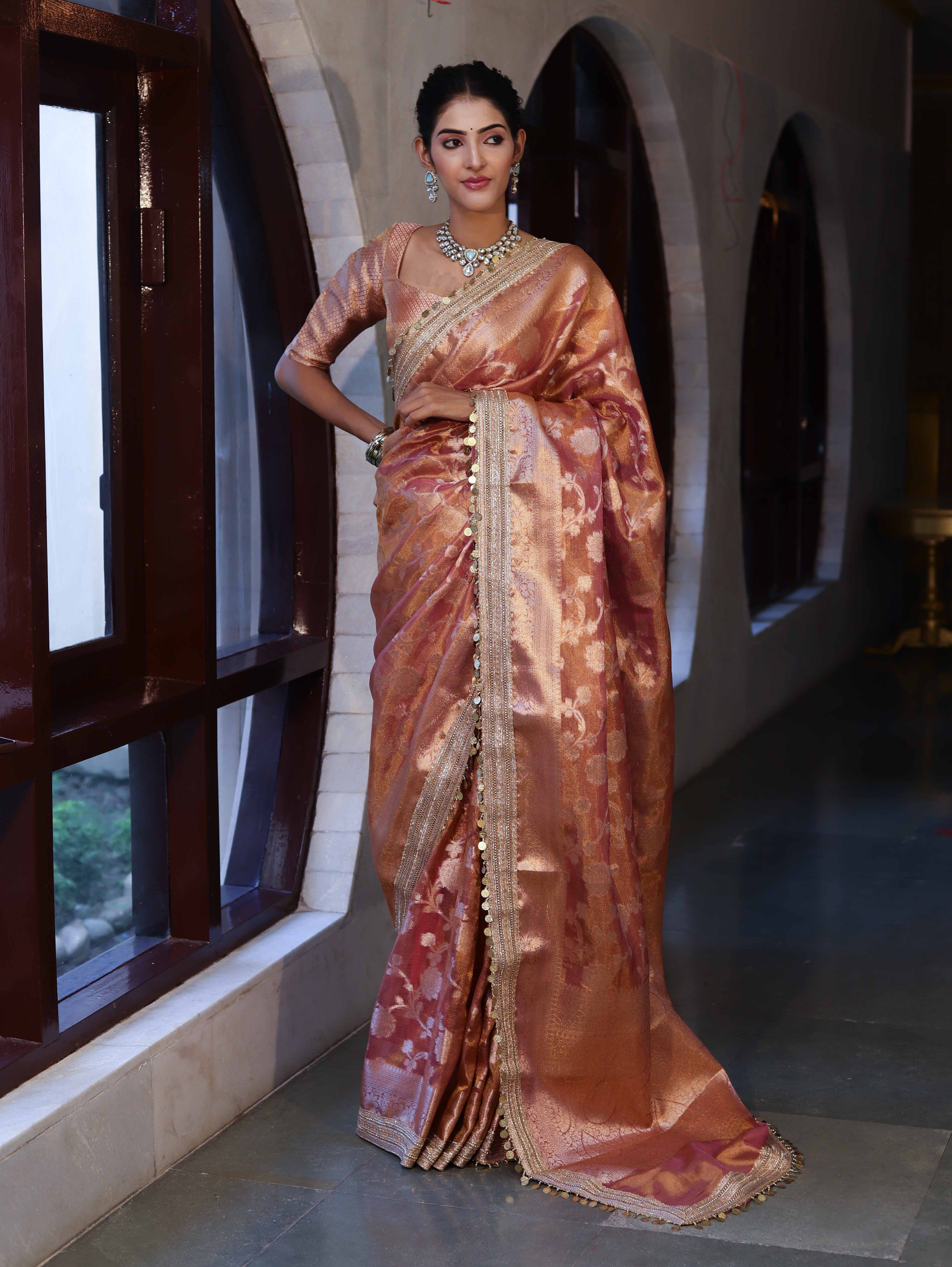Banarasee Handwoven Tissue Saree With Zari Jaal Design Border & Lace-Rust(Dual Shade)