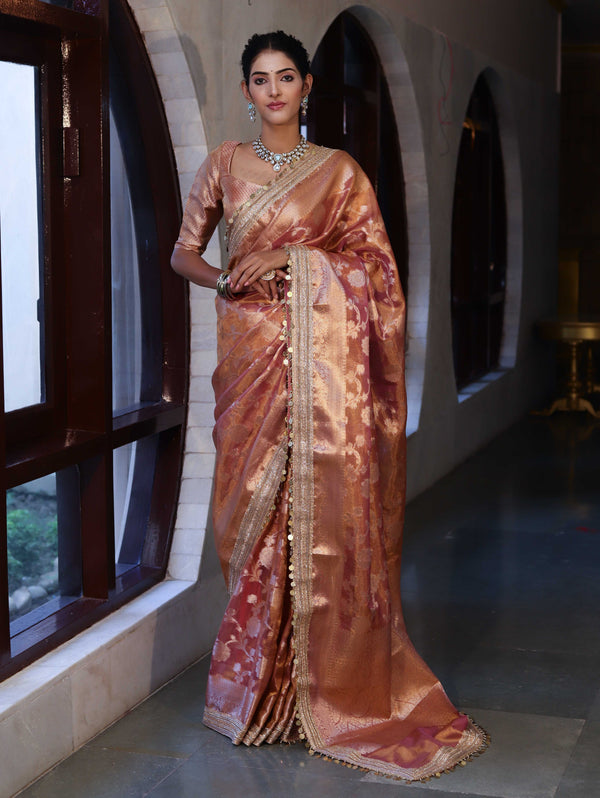 Banarasee Handwoven Tissue Saree With Zari Jaal Design Border & Lace-Rust(Dual Shade)