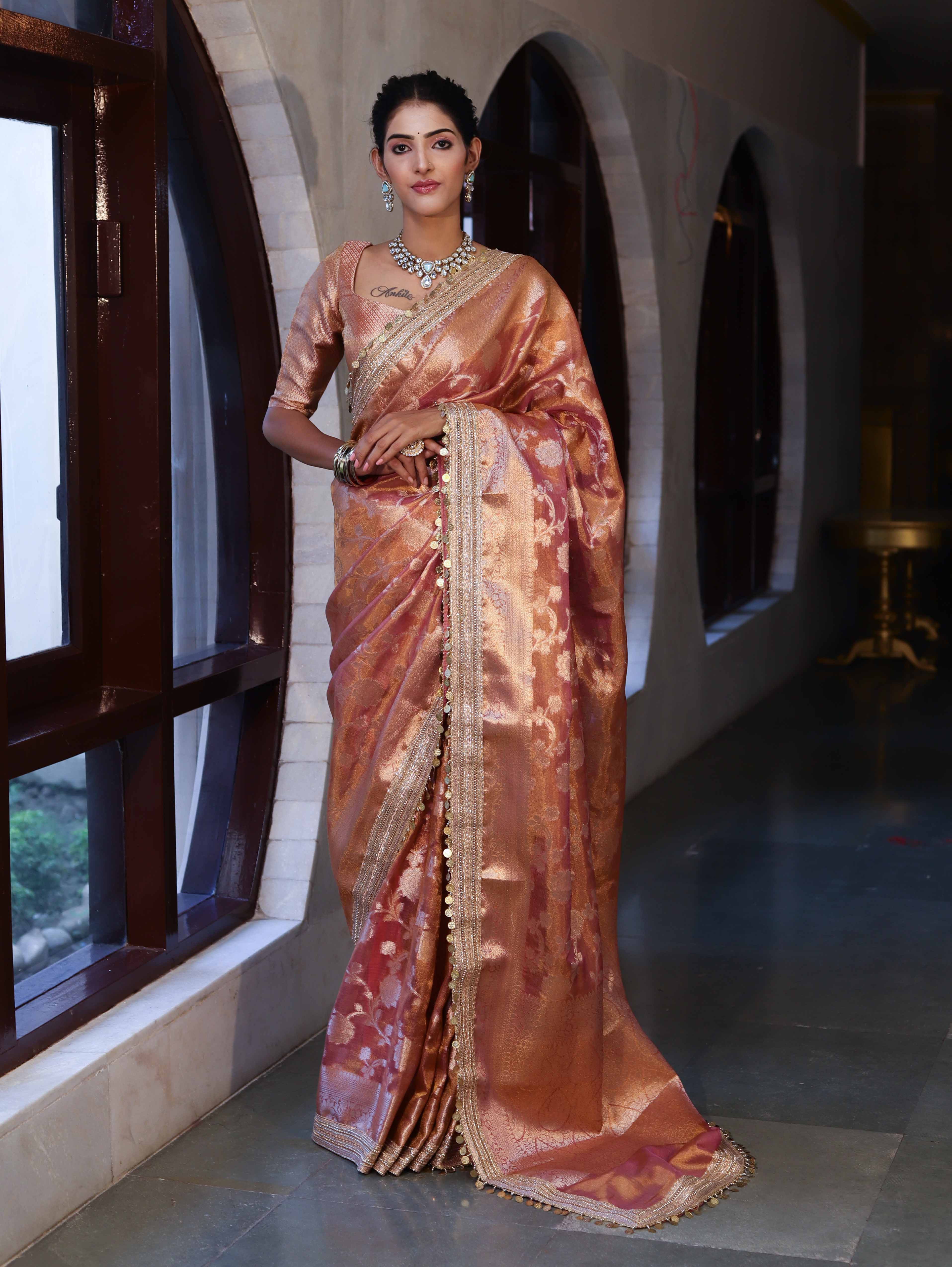 Banarasee Handwoven Tissue Saree With Zari Jaal Design Border & Lace-Rust(Dual Shade)