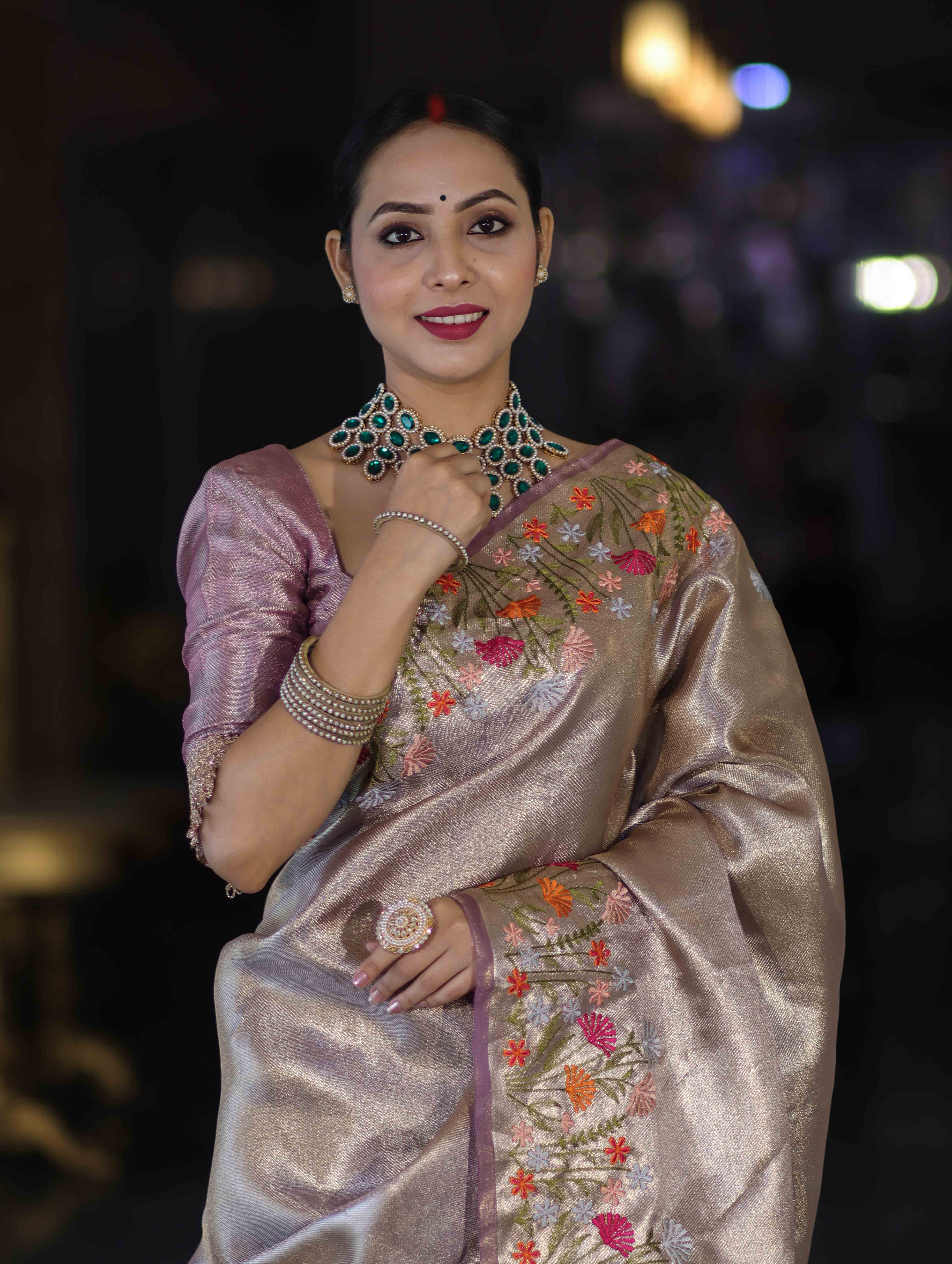 Banarasee Handwoven Tissue Saree With Thread Embroidered Border-Purple