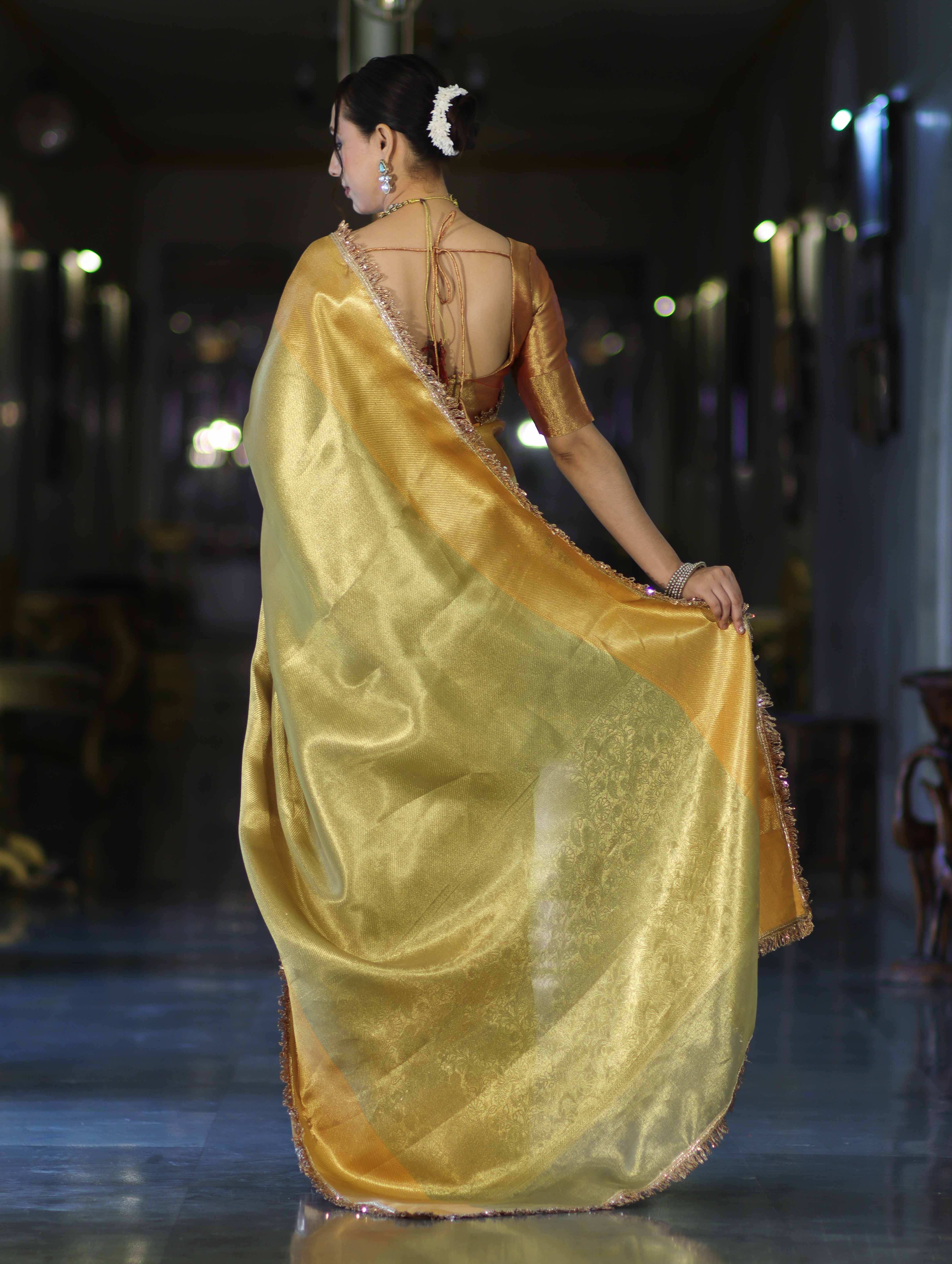 Banarasee Handloom Tissue Saree With Zari Woven Design & Lace-Gold
