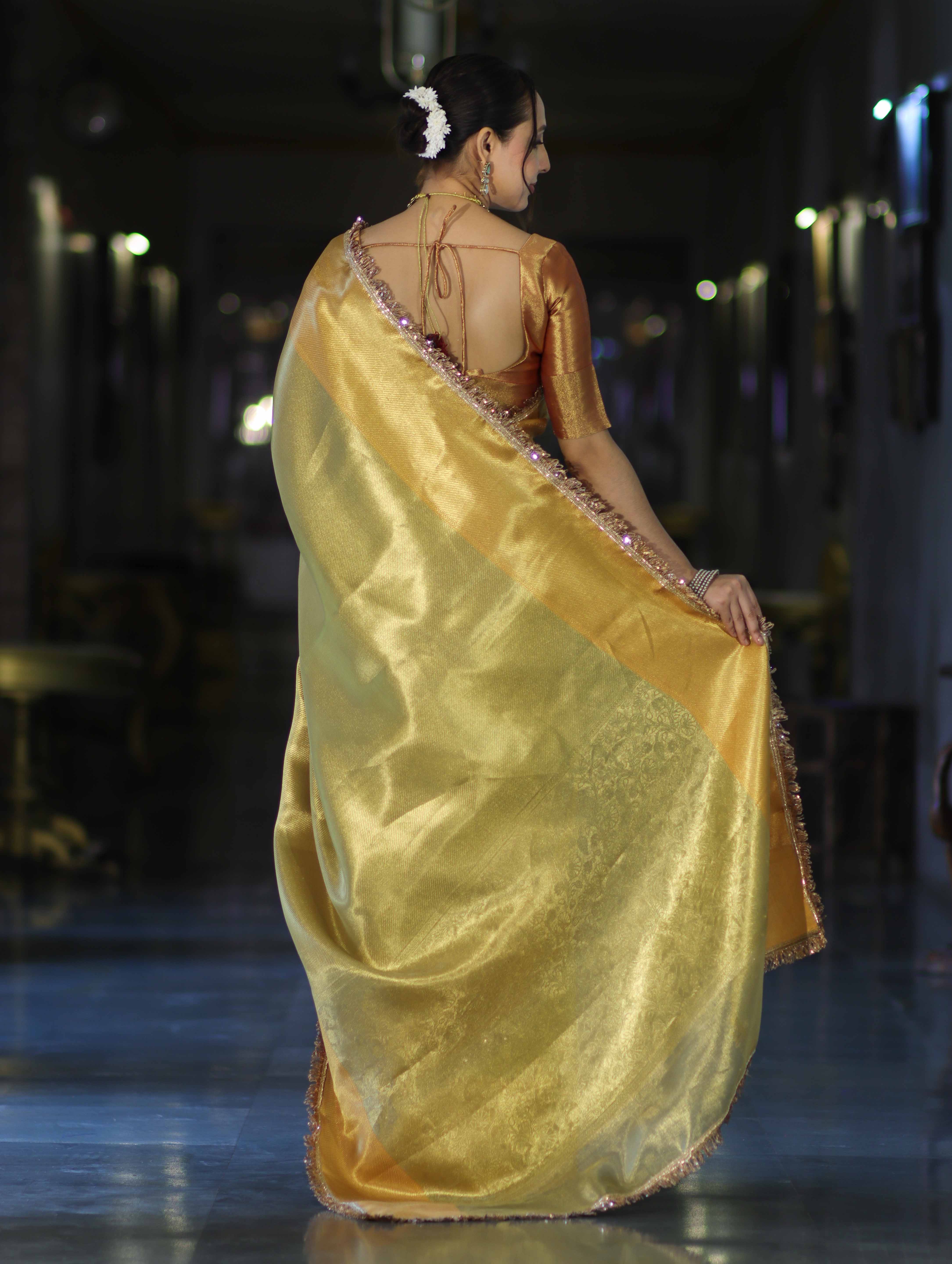 Banarasee Handloom Tissue Saree With Zari Woven Design & Lace-Gold