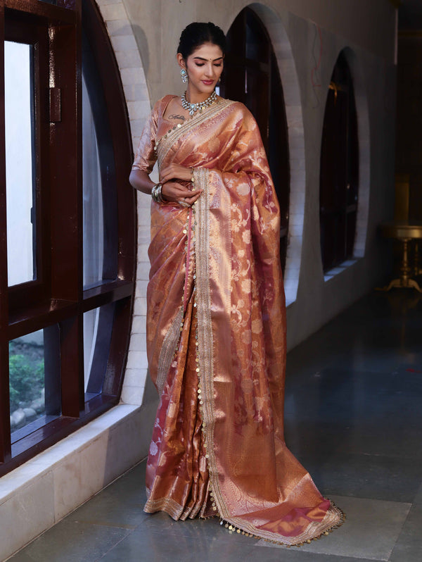 Banarasee Handwoven Tissue Saree With Zari Jaal Design Border & Lace-Rust(Dual Shade)