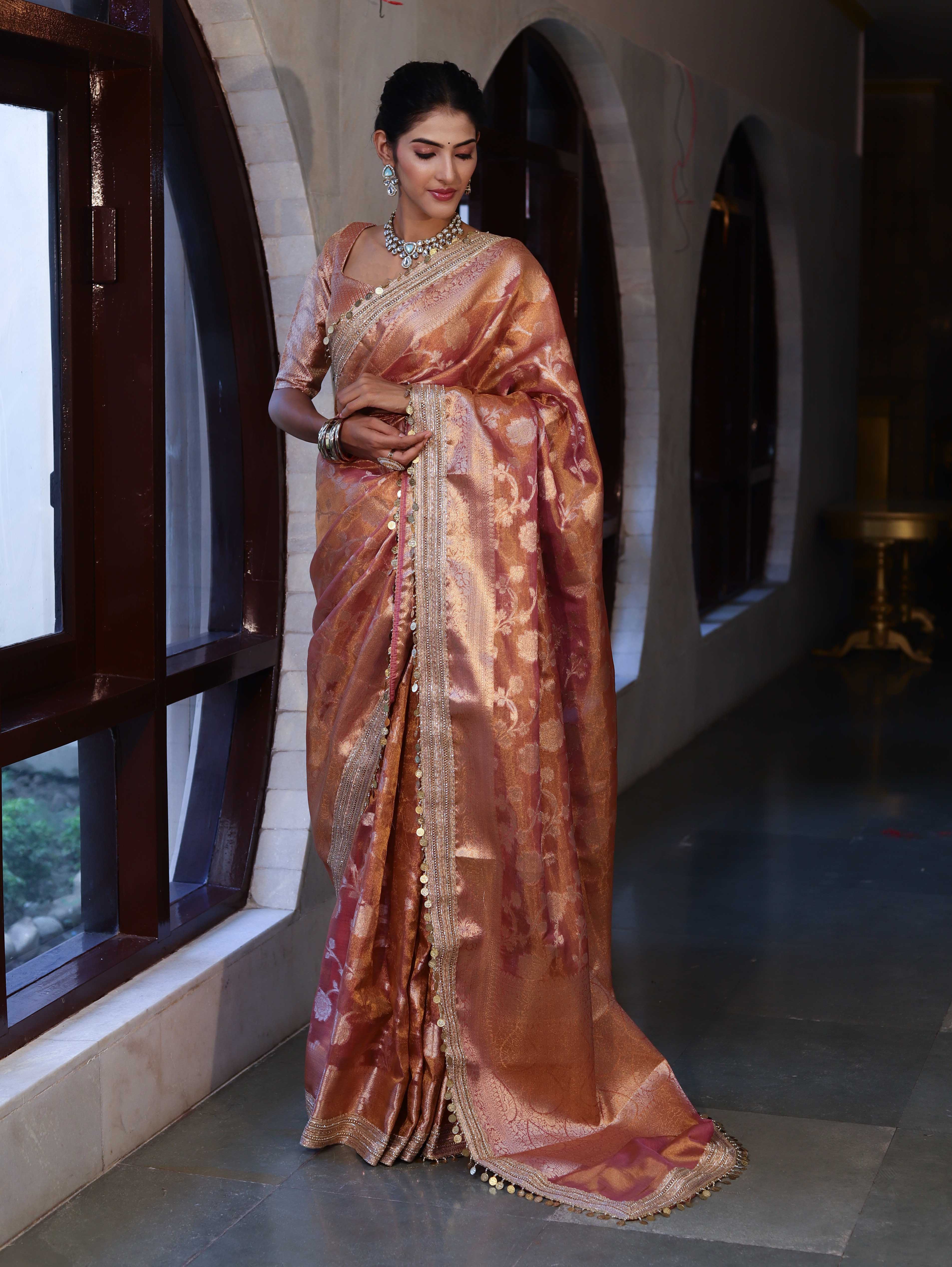 Banarasee Handwoven Tissue Saree With Zari Jaal Design Border & Lace-Rust(Dual Shade)