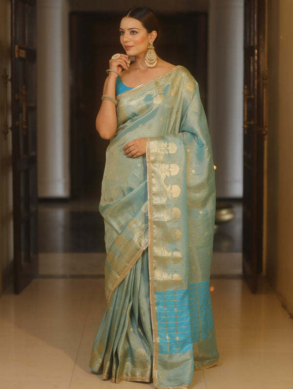 Banarasee Handwoven Soft Tissue Saree With Zari Border & Lace-Light Blue