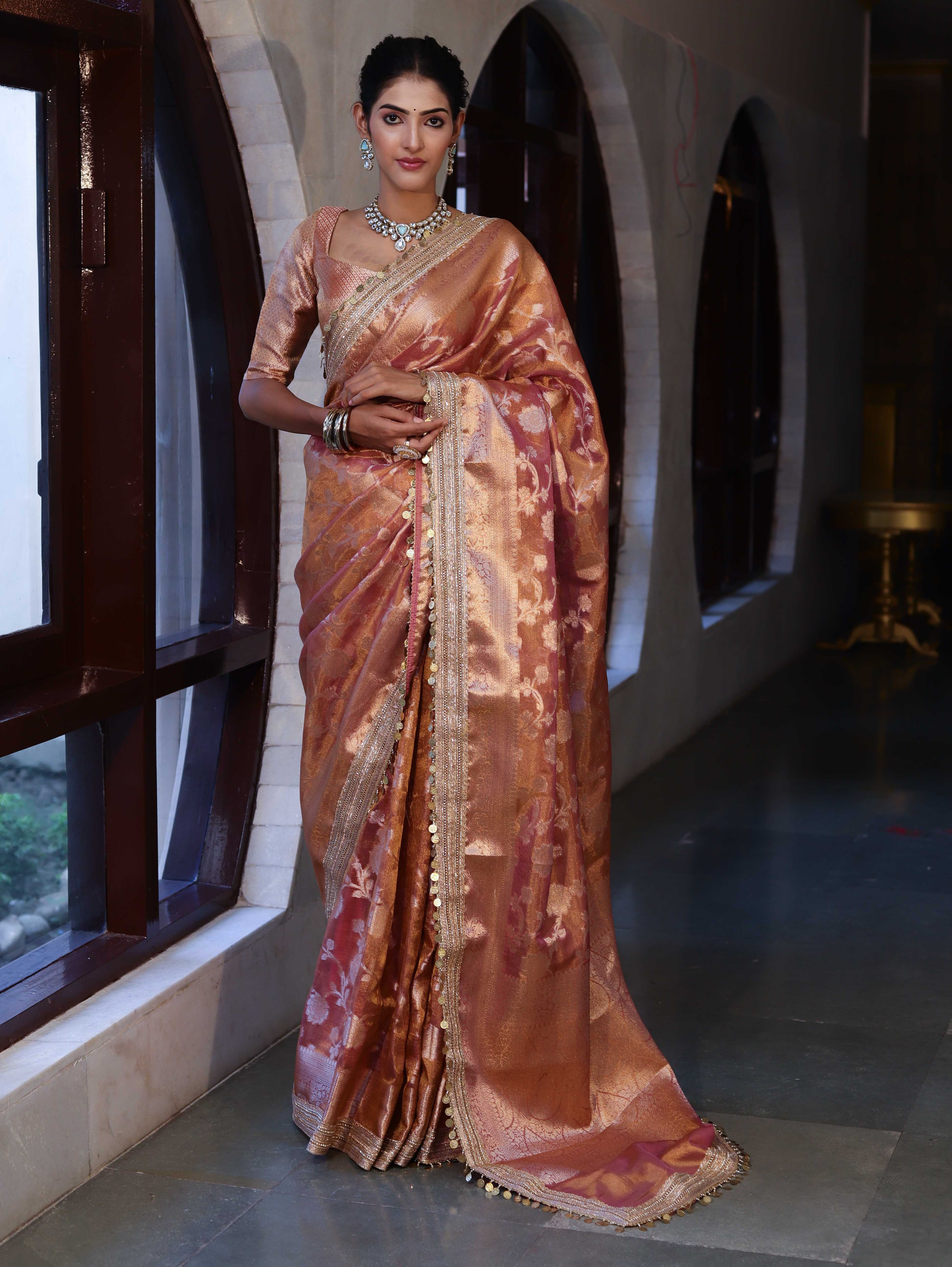 Banarasee Handwoven Tissue Saree With Zari Jaal Design Border & Lace-Rust(Dual Shade)