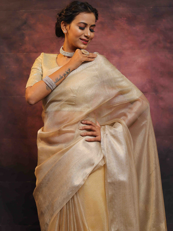 Banarasee Contrast Border Tissue Saree-Gold