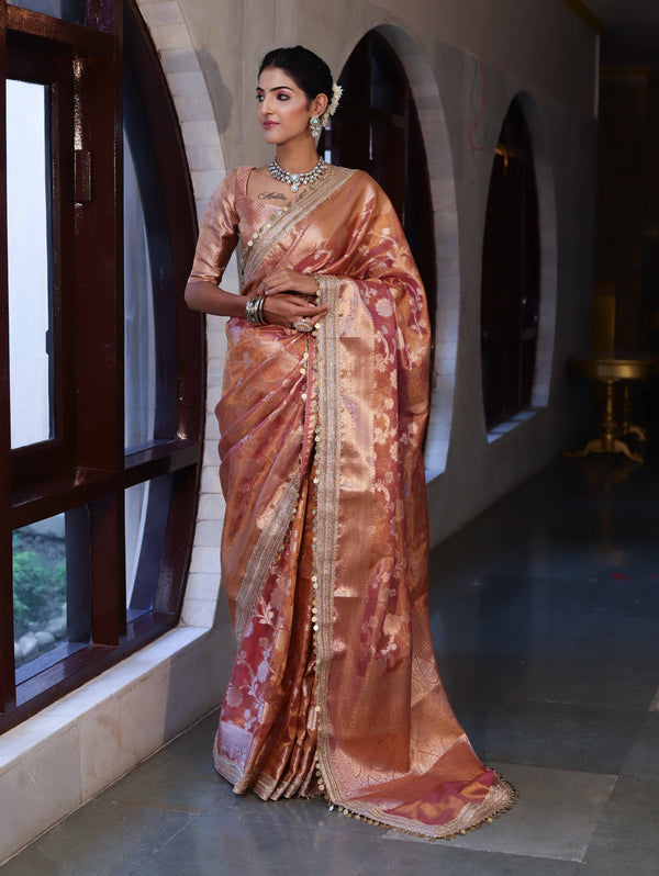 Banarasee Handwoven Tissue Saree With Zari Jaal Design Border & Lace-Rust(Dual Shade)