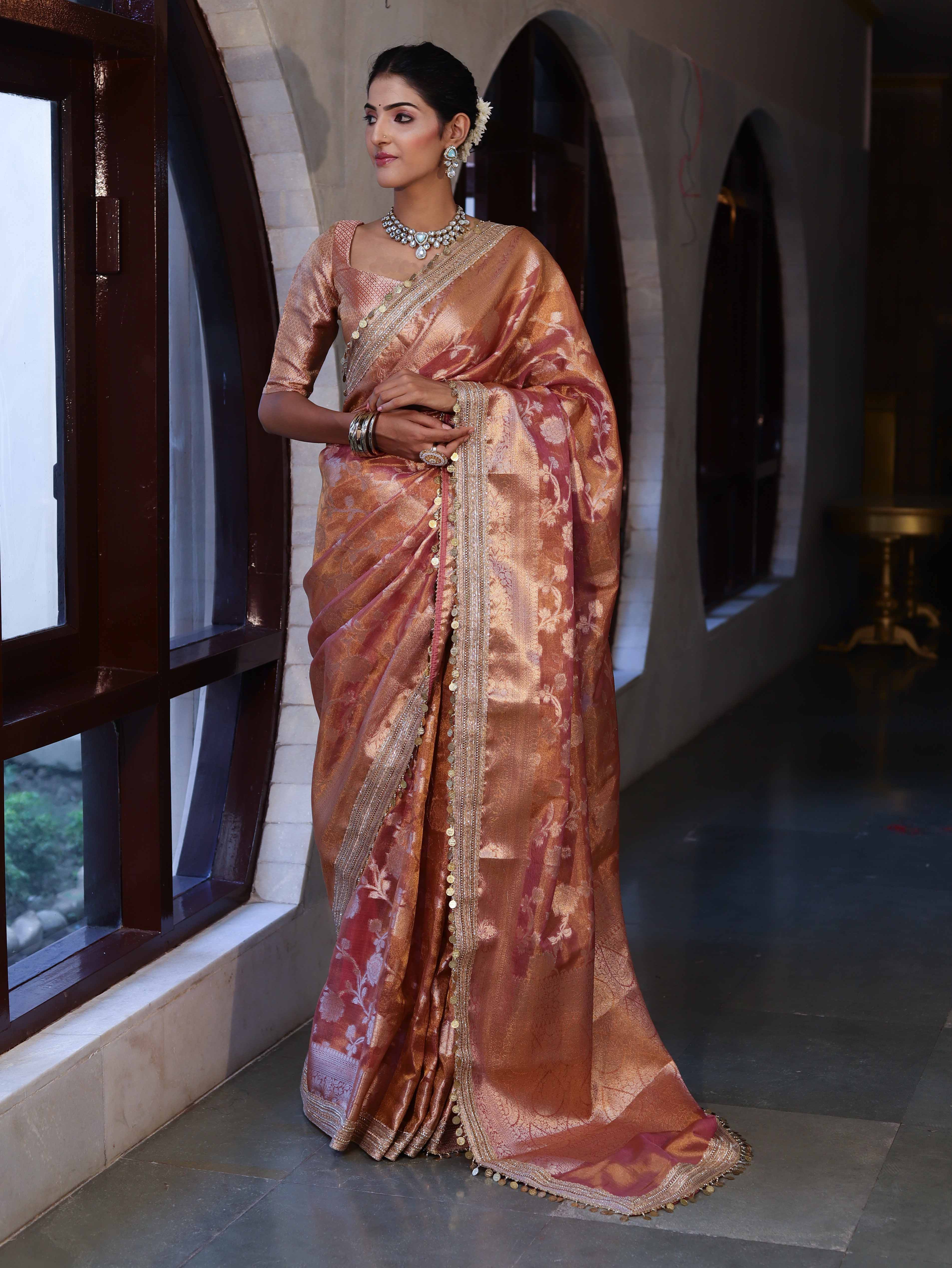 Banarasee Handwoven Tissue Saree With Zari Jaal Design Border & Lace-Rust(Dual Shade)