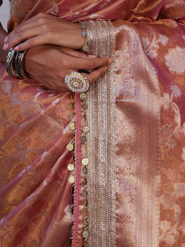 Banarasee Handwoven Tissue Saree With Zari Jaal Design Border & Lace-Rust(Dual Shade)
