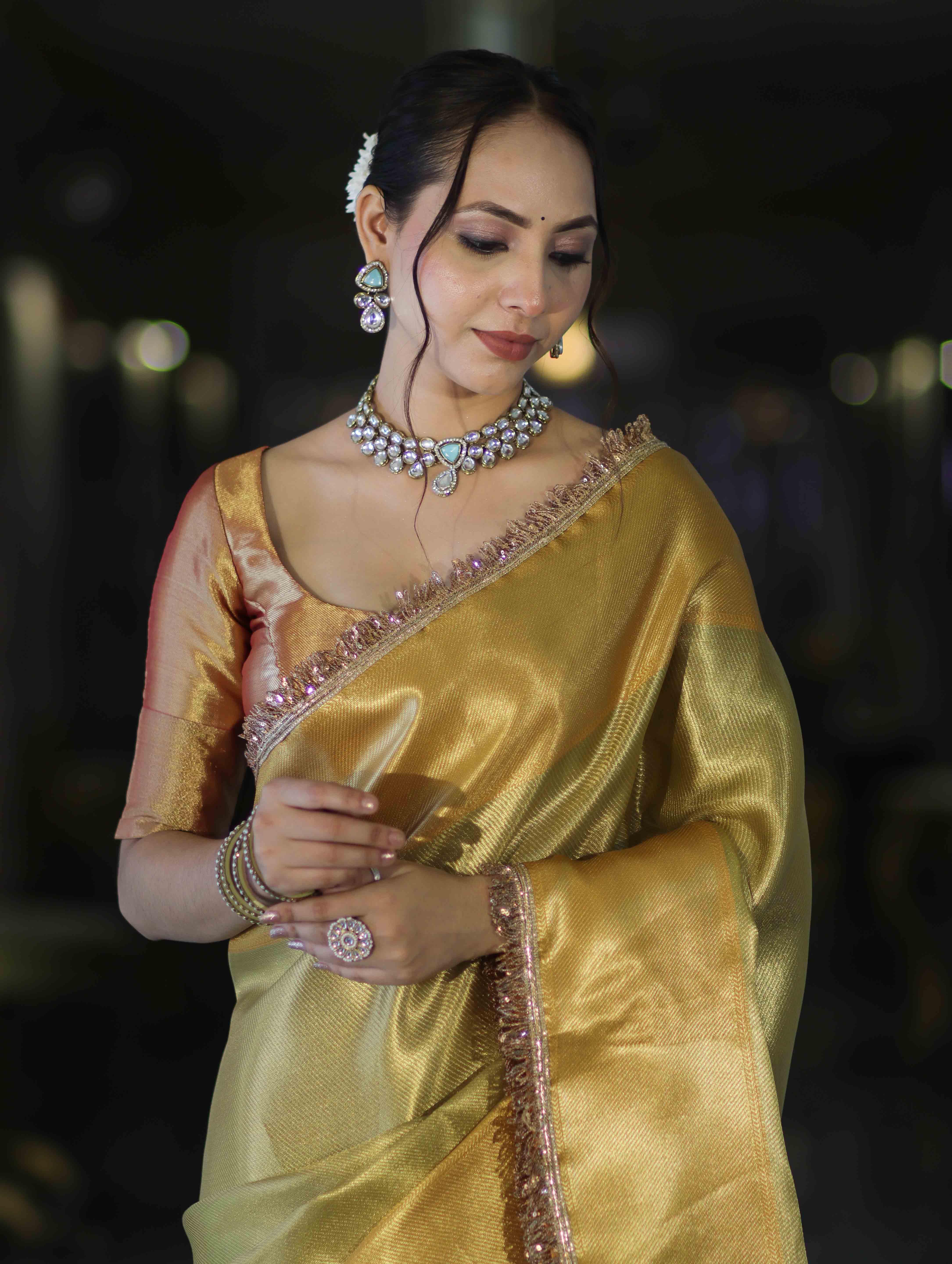 Banarasee Handloom Tissue Saree With Zari Woven Design & Lace-Gold