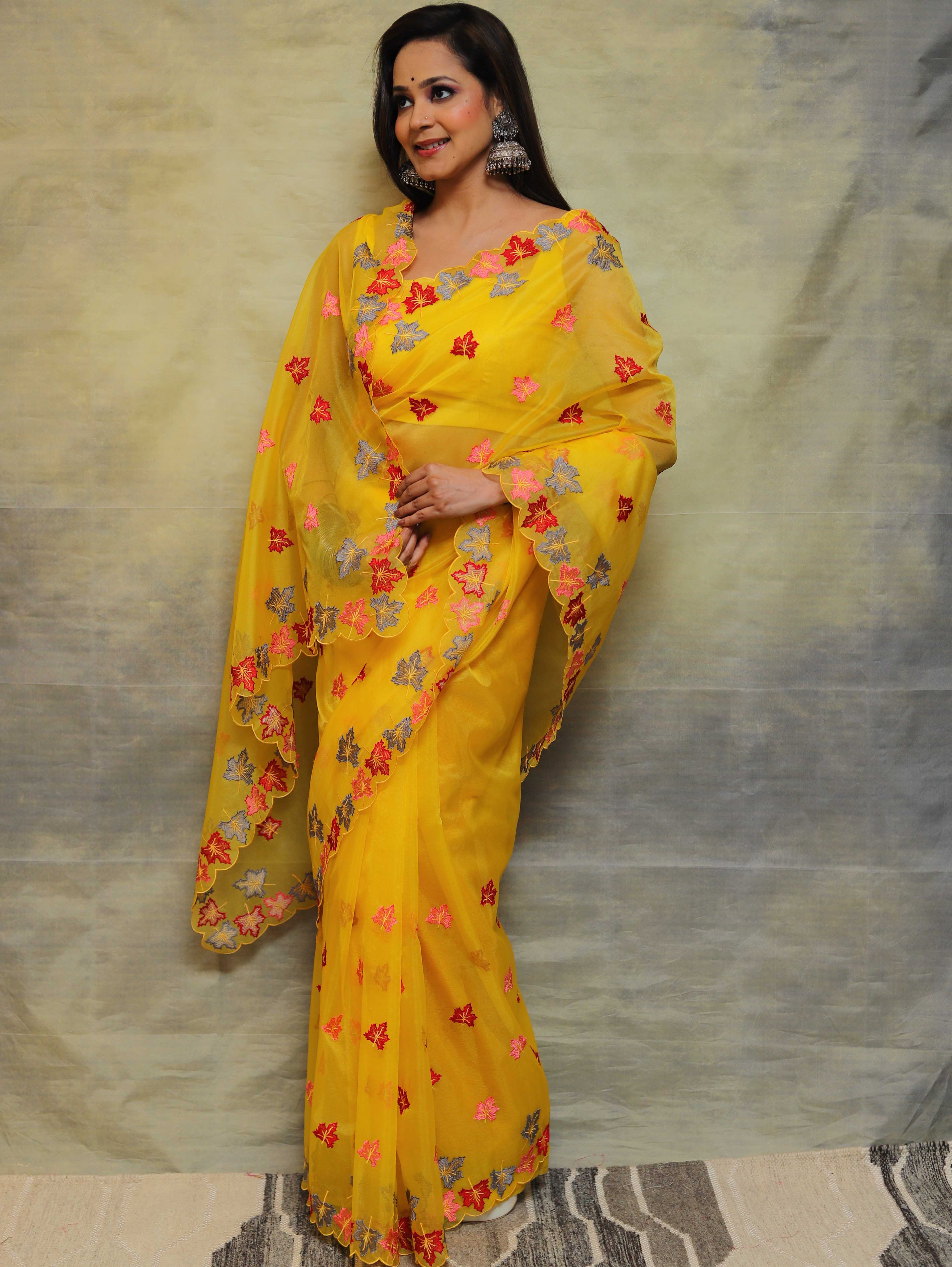 Banarasee Handwoven Organza Silk Floral Embroidered Saree-Yellow