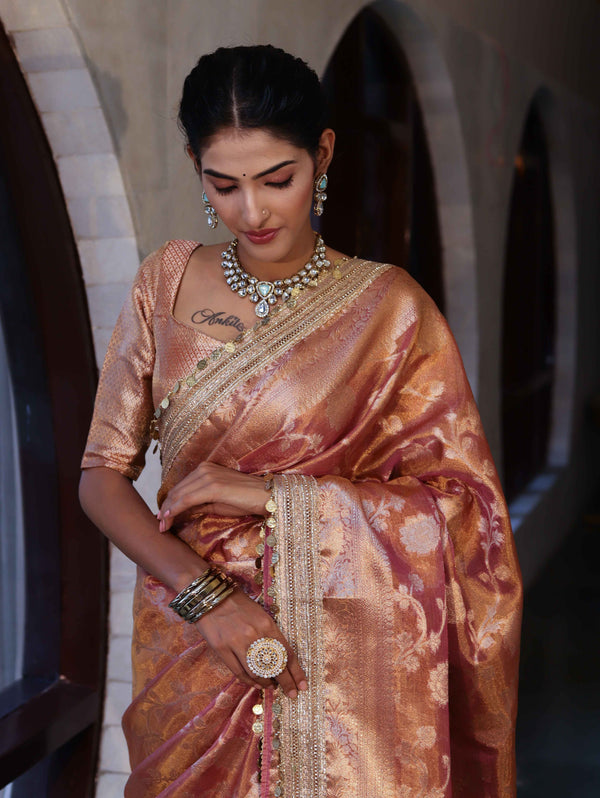 Banarasee Handwoven Tissue Saree With Zari Jaal Design Border & Lace-Rust(Dual Shade)