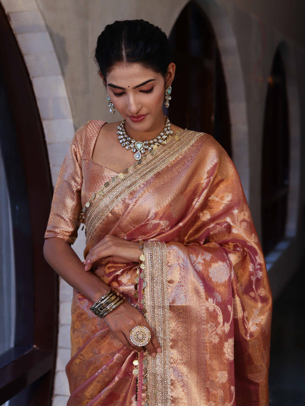 Banarasee Handwoven Tissue Saree With Zari Jaal Design Border & Lace-Rust(Dual Shade)