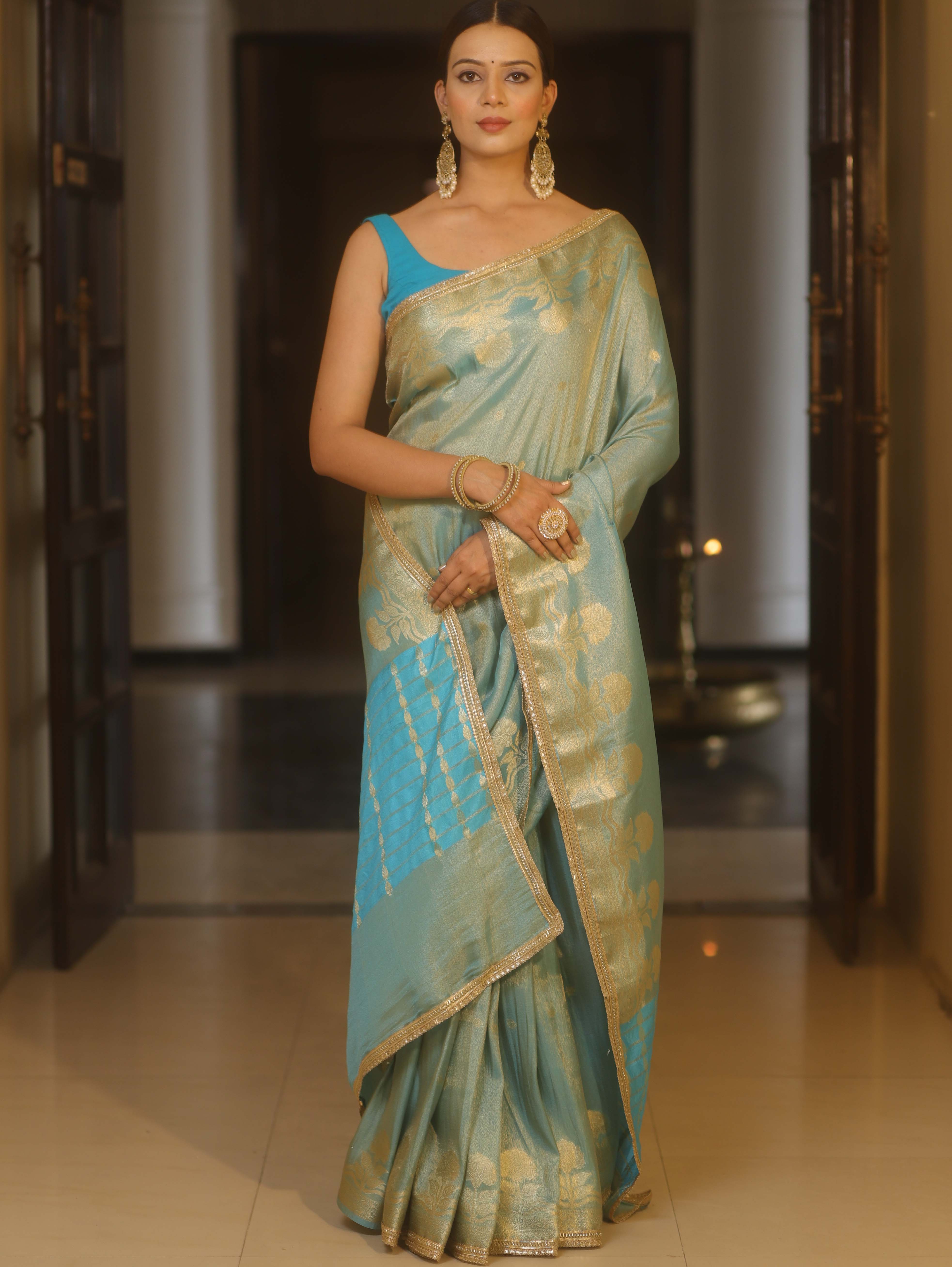 Banarasee Handwoven Soft Tissue Saree With Zari Border & Lace-Light Blue